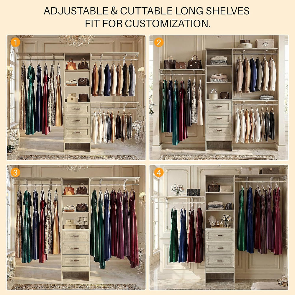 8FT Closet System with 3 Curved Drawers, 96'' Wooden Walk-in Closet O...