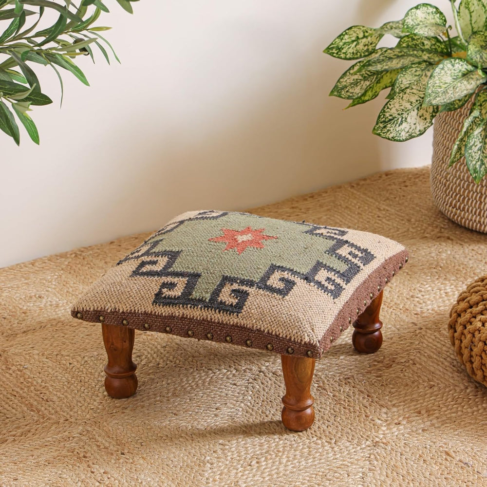 Upholstered Ottoman Footstool with Tribal Aztec Fabric | Rustic Wooden Accent...