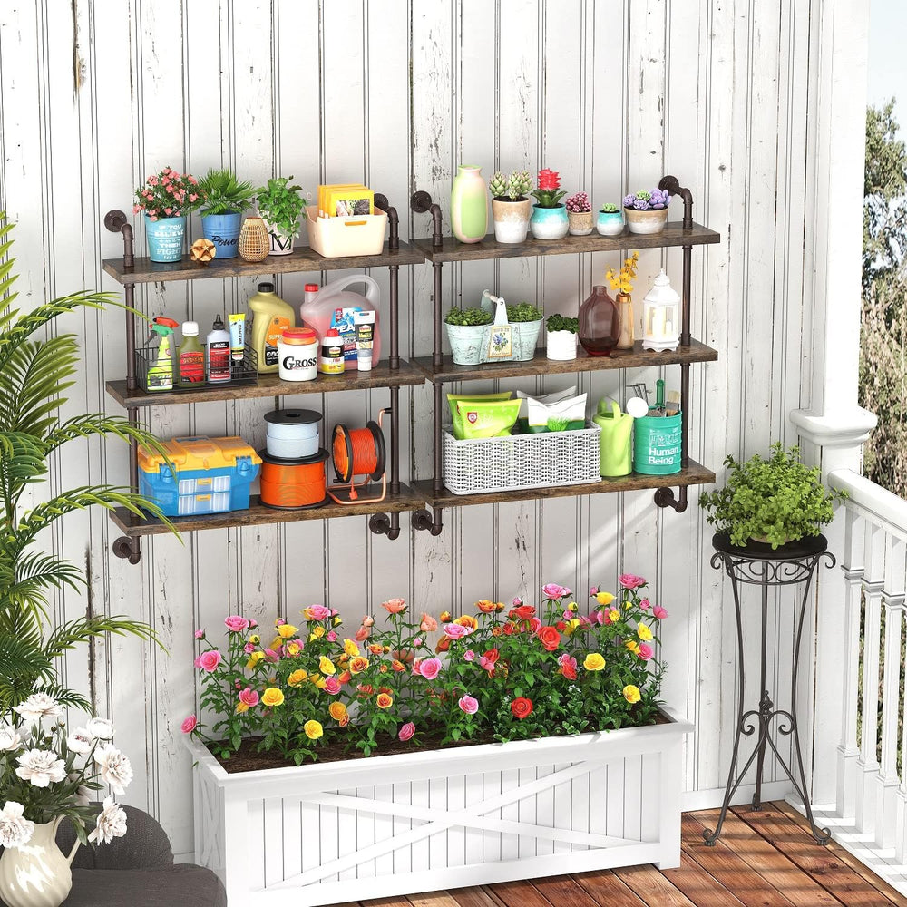 Helsin 3 Tier Industrial Pipe Shelf Rustic Wood Floating Wall Display Bookshe...