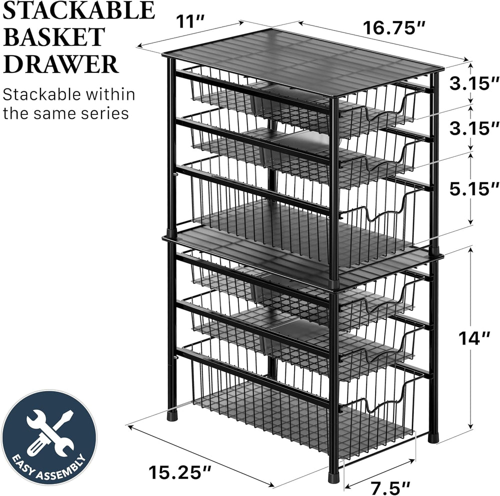 Simple Houseware Stackable 3 Tier Sliding Basket Organizer Drawer, Black