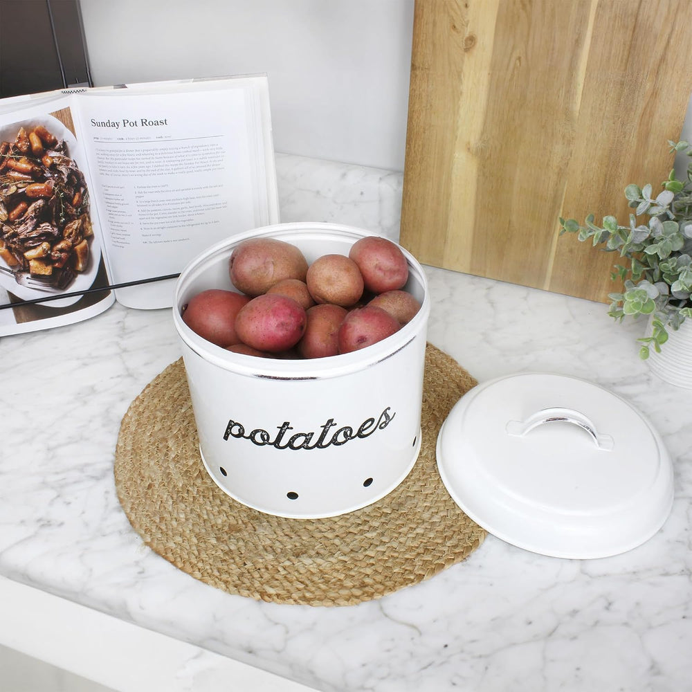 AuldHome Design Potatoes, Onions and Garlic Canister Set; Rustic White Enamel...