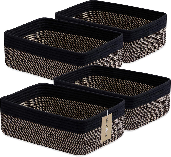 MiniArk Large Shallow Organizing Baskets 15x11x5.1 Inches - Rope Woven Storage Bins for Bathroom, Shelves, Cube Closet, Black Woven Brown 4 Packs