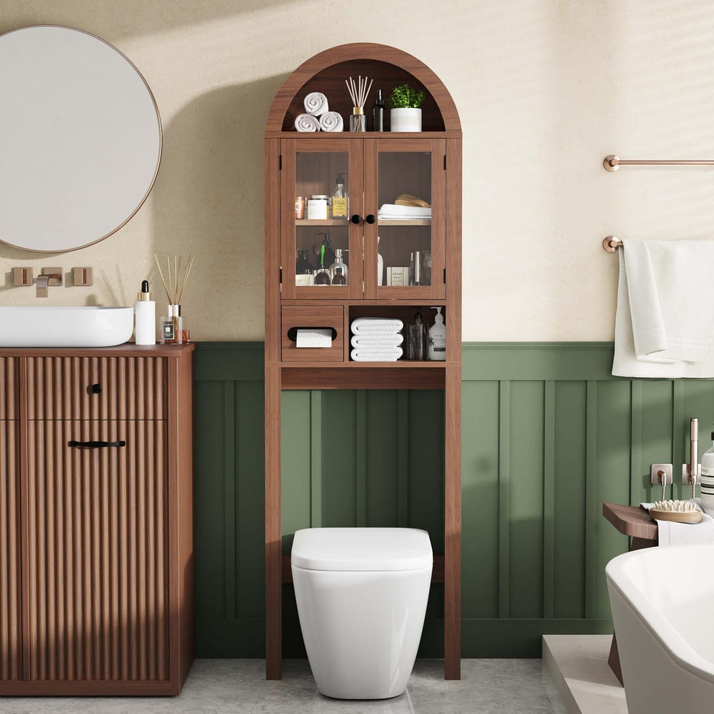 Arched Over the Toilet Storage Cabinet with Tempered Glass Doors, Walnut