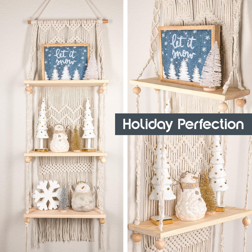 SnugLife Macrame Wall Hanging Shelf - 3 Tier Wall Plant Hanger Shelves with H...