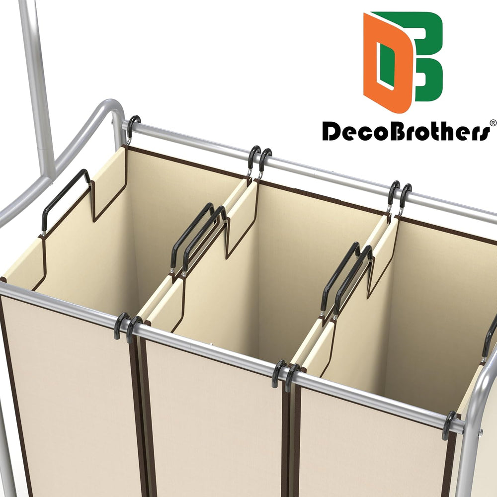 Deco Brothers Heavy Duty 3 Bags Laundry Sorter Cart with Hanging Bar, Beige