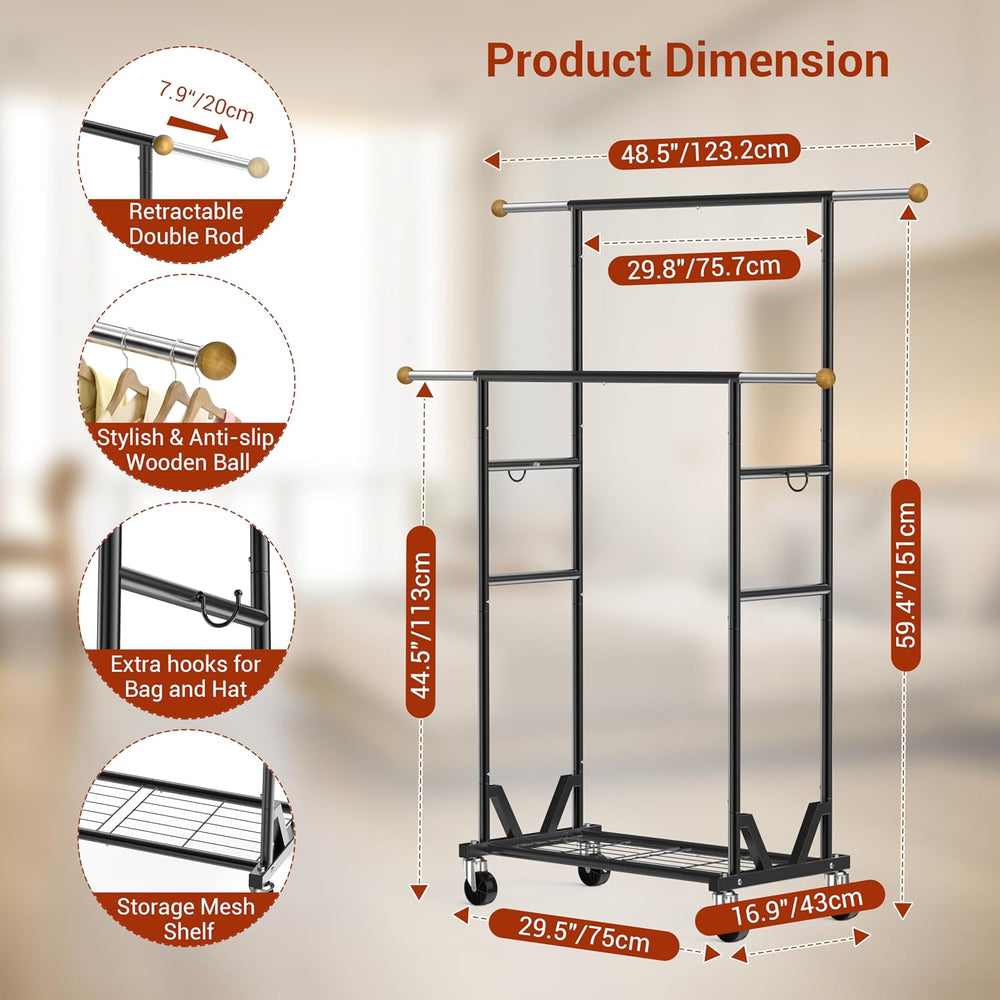 Rolling Garment Rack - Double Rod Clothes Rack with Lockable Casters, Mesh St...