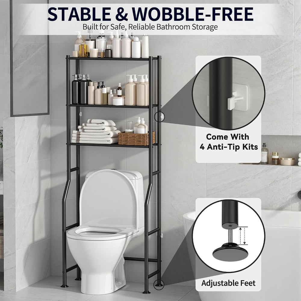 3-Tier Over Toilet Storage Cabinet, No Drilling, 64" H, Black