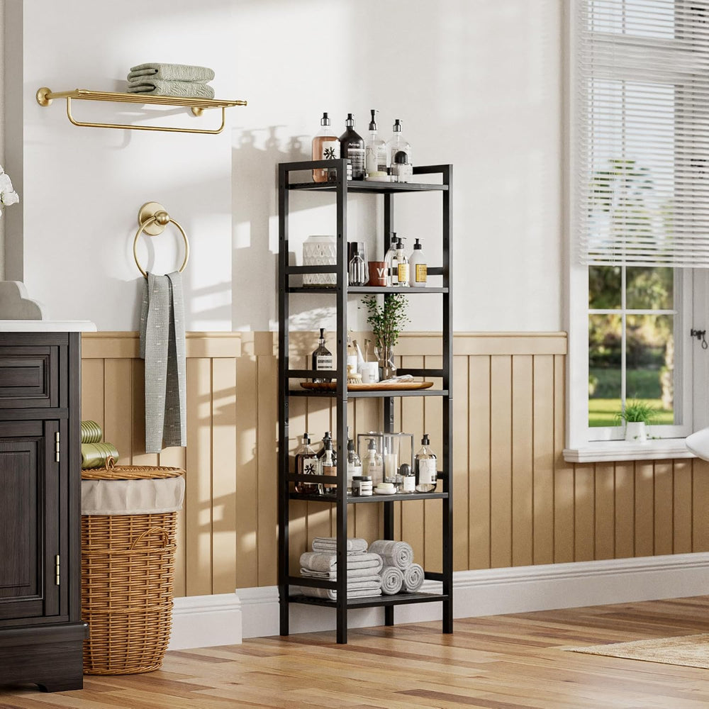 HITNET 5 Tier Narrow Bookshelf, Bamboo Bookcase, Slim Tall Storage Rack Free ...