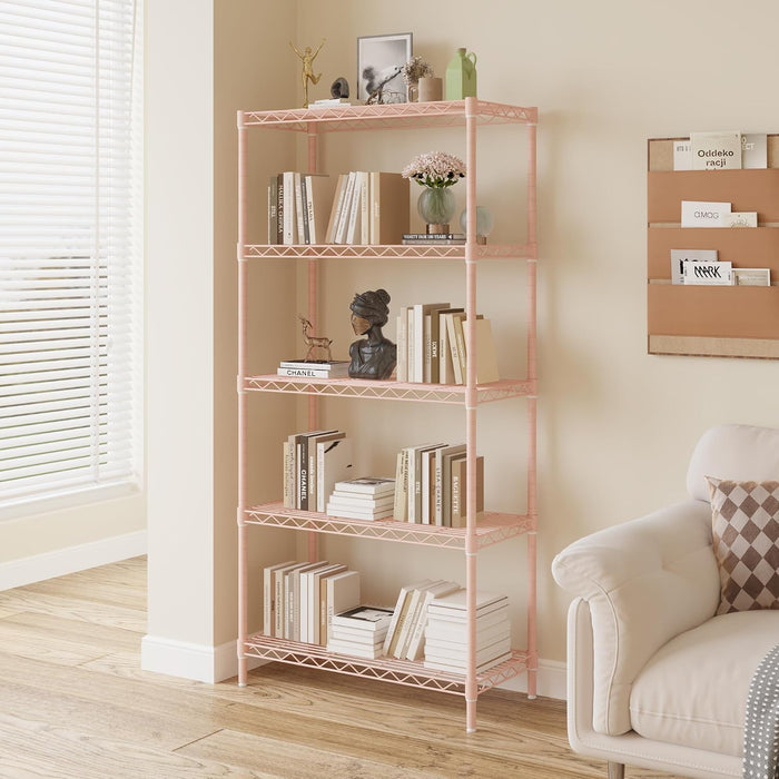 5 Tier Storage Racks Shelving, Heavy Steel Pantry Shelves, Adjustable Wire Shelving Rack, Suitable for Garage, Kitchen, Bathroom, Office, 29" W x 13.4" D x 59" H, Pink