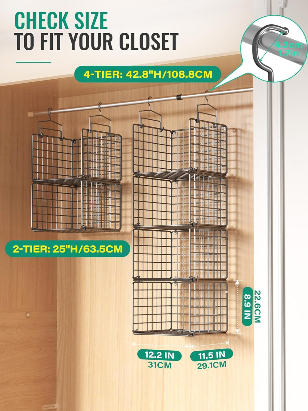 Hanging Closet Organizer, 4 Tier Metal Closet Organizers and Storage with 4 H...