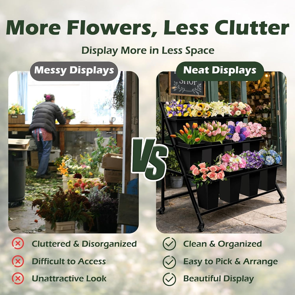 PROLEE Flower Display Stand, 3-Tier Flower Cart with 12 Rectangular Buckets, ...