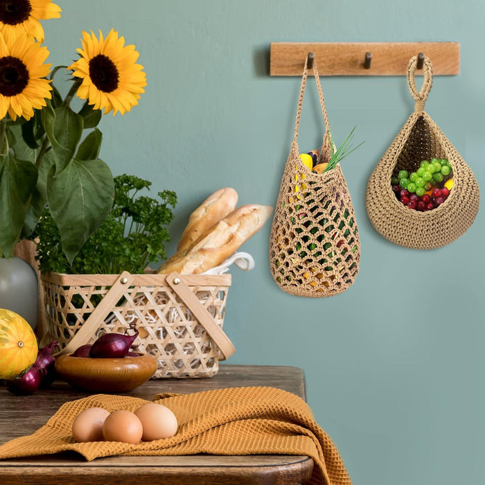 9 Pcs Jute Fruit Hanging Baskets for Kitchen, Boho Woven Wall Baskets, Produce Storage for Garlic Onion Potato Banana, Space Saving Farmhouse Kitchen Decor (Brown)(Brown)