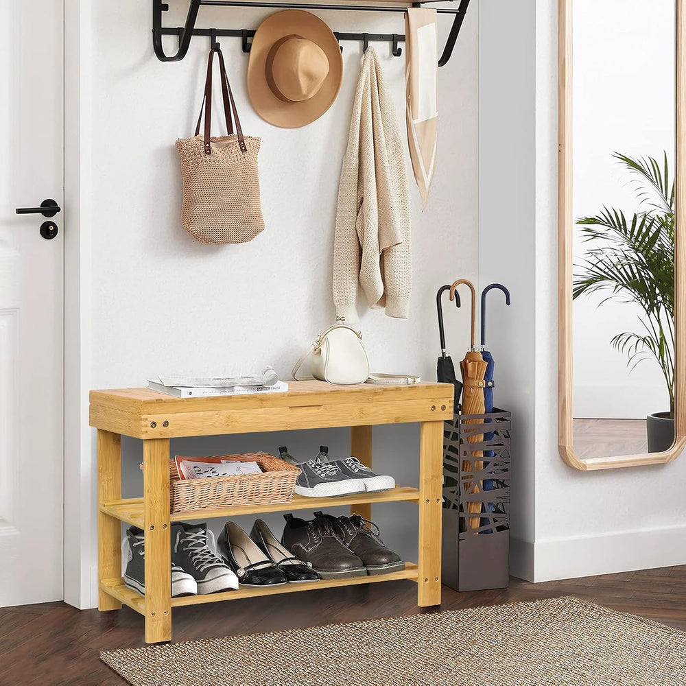 3-Tier Bamboo Shoe Rack Bench, Entryway Bench with Storage Drawer, Natural
