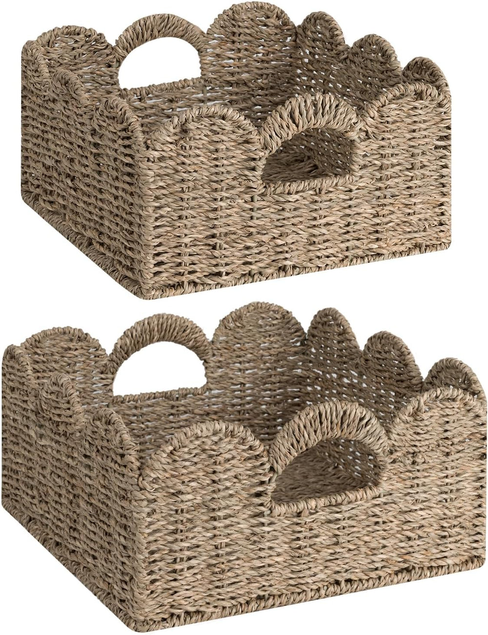 StorageWorks Scalloped Wicker Basket, Hand-woven Rattan Baskets with Built-in...