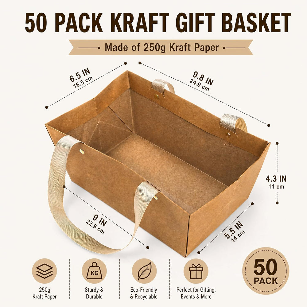 Cedilis 50 Pack Kraft Gift Basket with Handles, 9.8'' x 6.5''...
