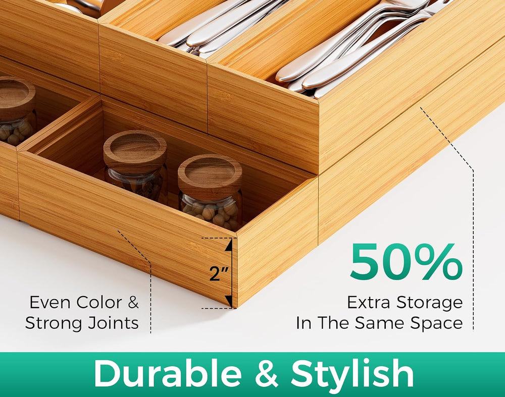 Long Bamboo Kitchen Drawer Organizer Boxes 17" x 6" Wood Pantry Org...