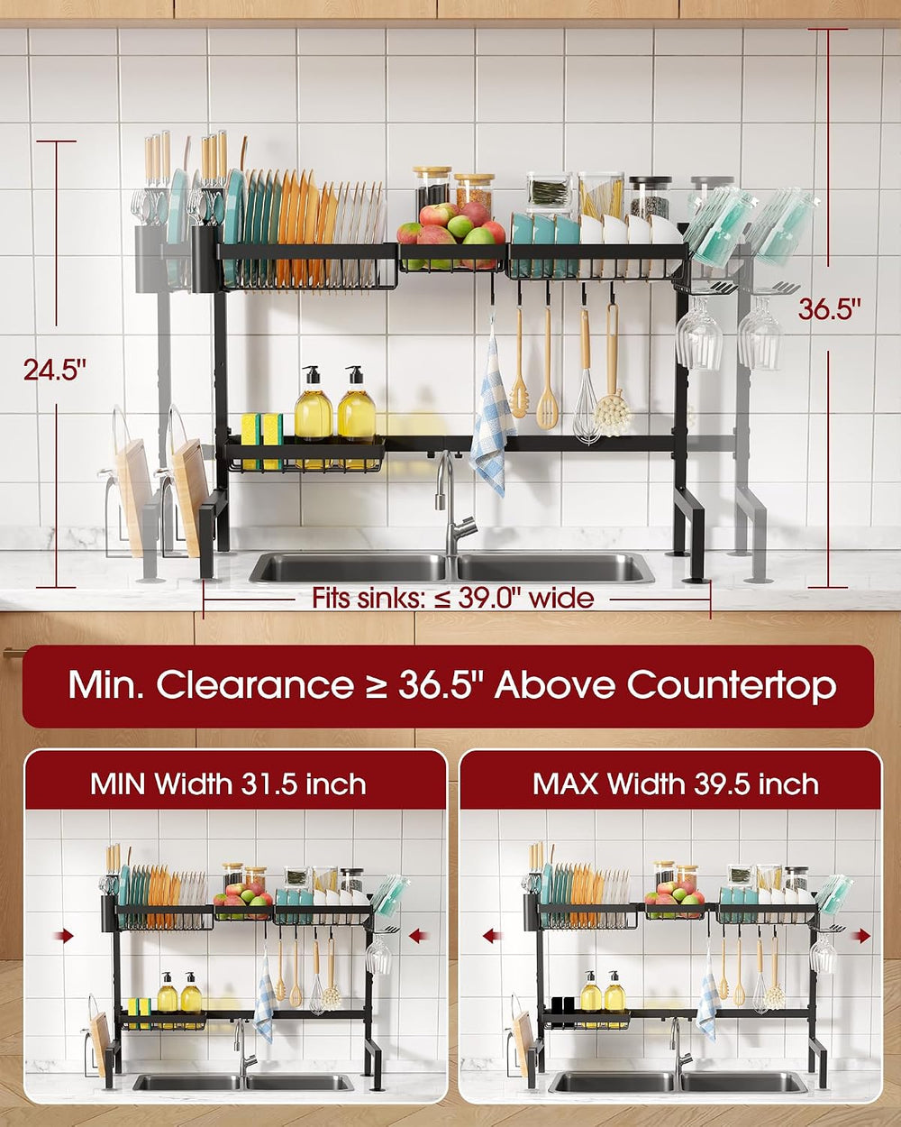 Sakugi Over The Sink Dish Drying Rack - Adjustable 2 Tier X-Large Capacity St...