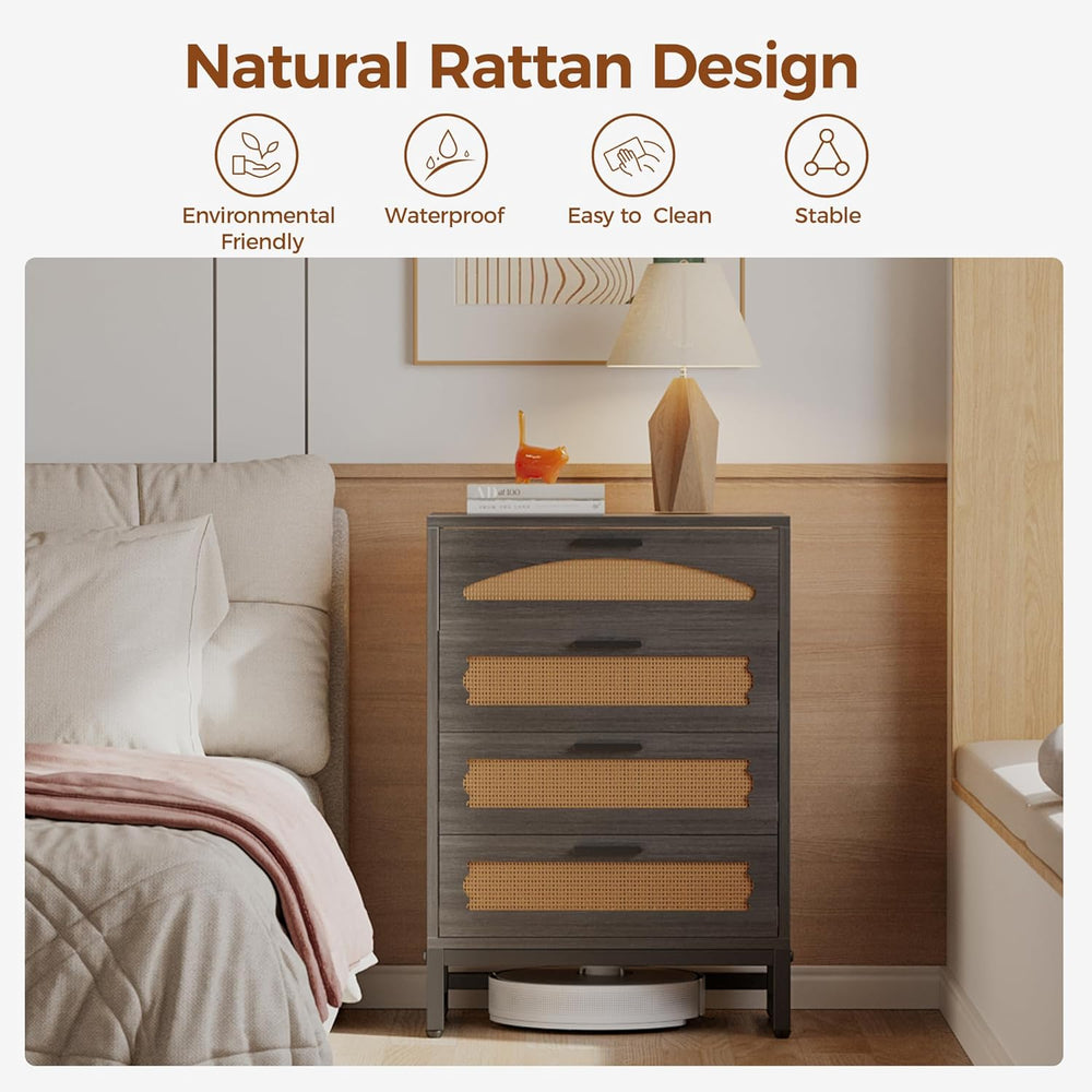 Mericonia 4 Drawer Rattan Dresser for Bedroom, Wood Tall Dresser for Closet w...