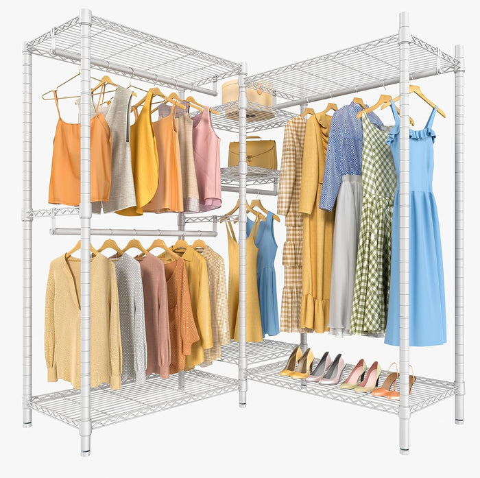 VIPEK L6 Heavy Duty Clothes Rack L Shape Clothing Rack 5-Tier Wire Garment Rack Freestanding Closet with 7 Adjustable Shelves & 4 Hanging Rods, 42.1" L x 42.1" W x 76.4" H, Max Load 850LBS, White