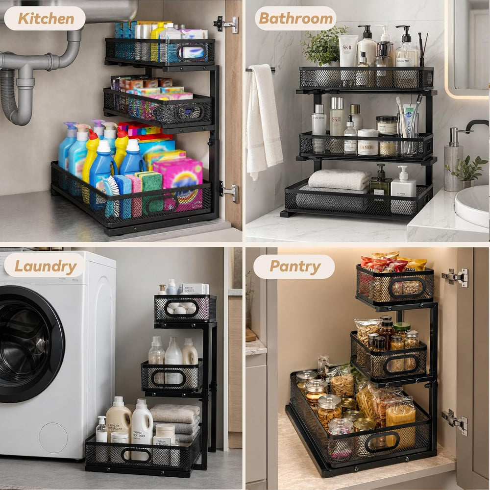 3-Tier Under Sink Organizer 2-Pack Organization for Bathroom Kitchen,Black