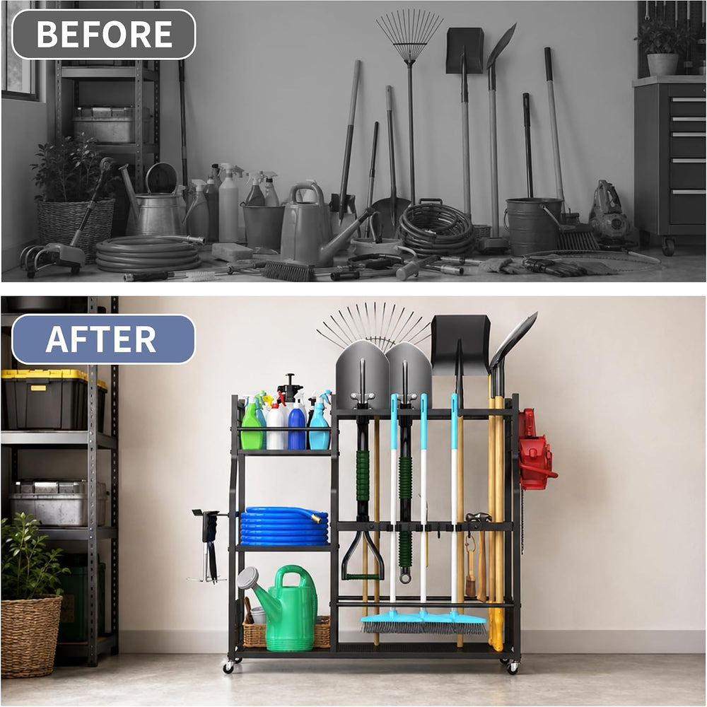 Garden Tool Organizer with Wheels, Rolling Storage Rack for Garage