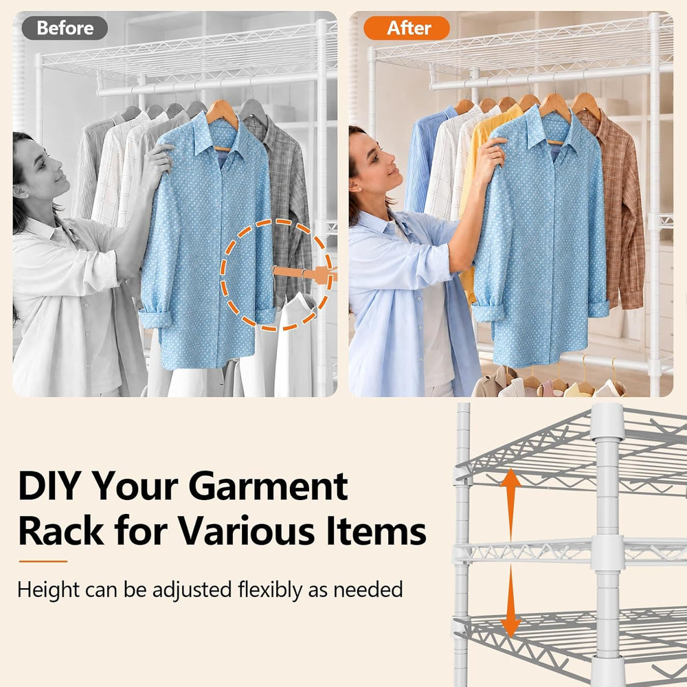 Clothes Rack with Adjustable Wire Shelves & Hanging Rods, White