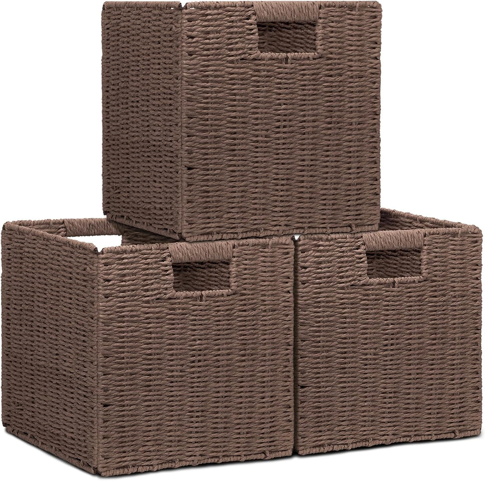 Wicker Storage Baskets for Organizing, 3 Pack Rustic Foldable Square Basket f...