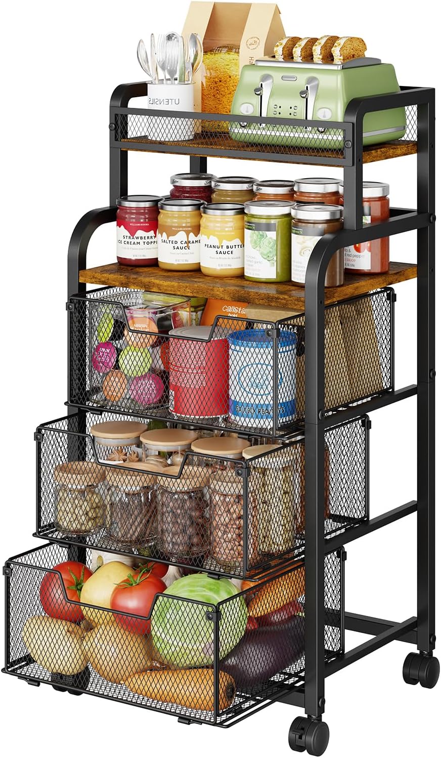 Yociyoga Fruit Vegetable Storage Cart, Kitchen Rolling Cart with Wheels, 4 Ti...