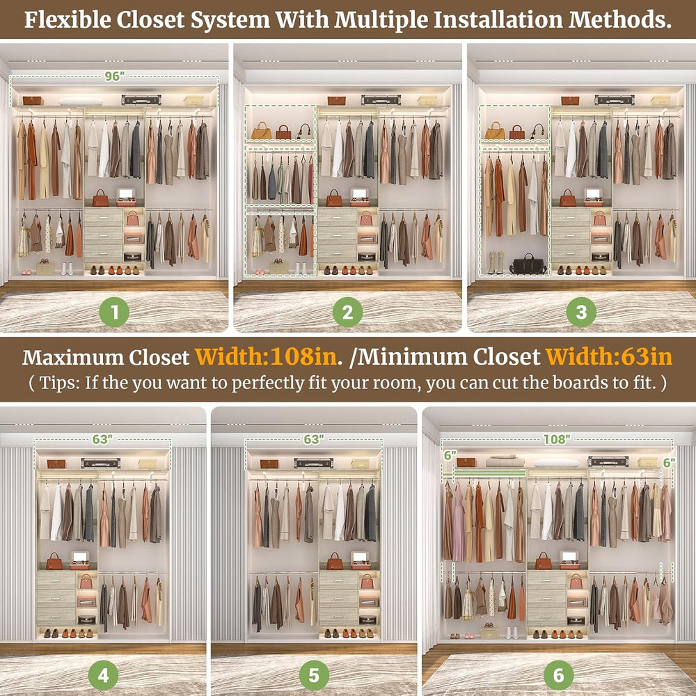 Aheaplus Closet System - 8FT Organizer with 3 Wooden Drawers, Fits 5.3-9 ft W...