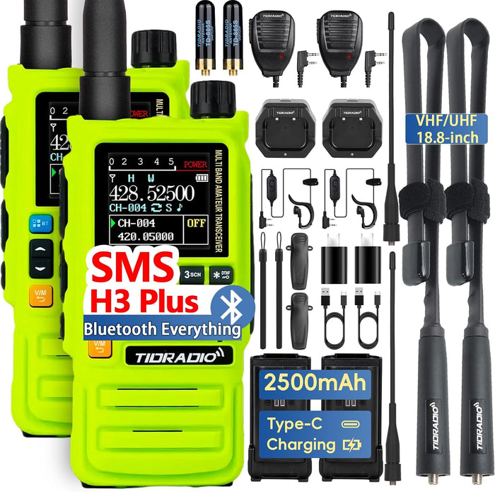 TIDRADIO TD-H3 Plus Ham Radio Handheld, Bluetooth-Headphone-connectable,Wireless Programming, Multi-Band Walkie Talkies Long Range NOAA Emergency Weather Radios for Survival Gear Hunting Green 2 Pack