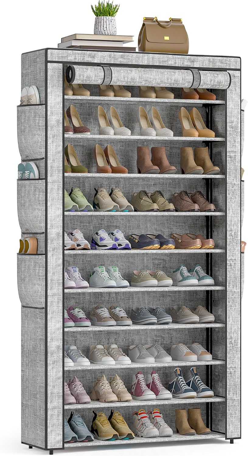 Shoe Rack Dustproof Sturdy 10Tier Tall Large Storage with Side Pocket