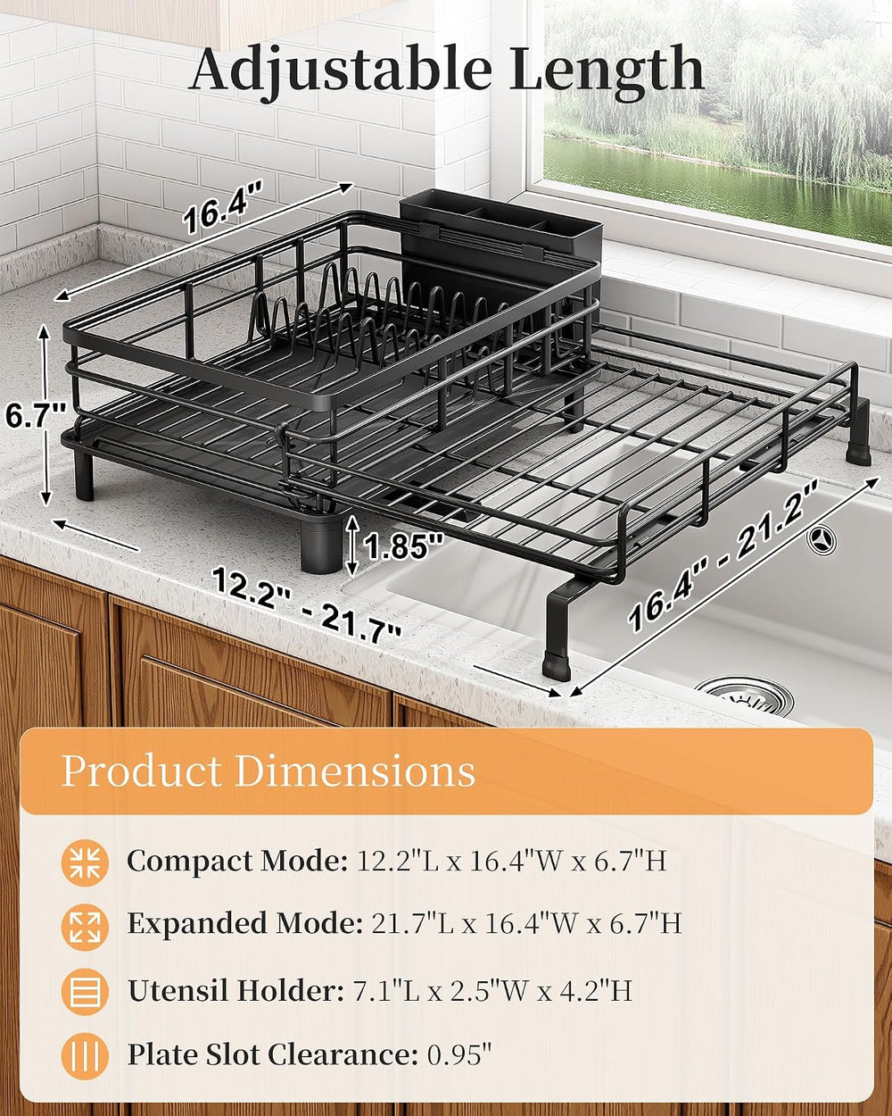 SAYZH Expandable Dish Drying Rack for Kitchen Counter, Metal, Black