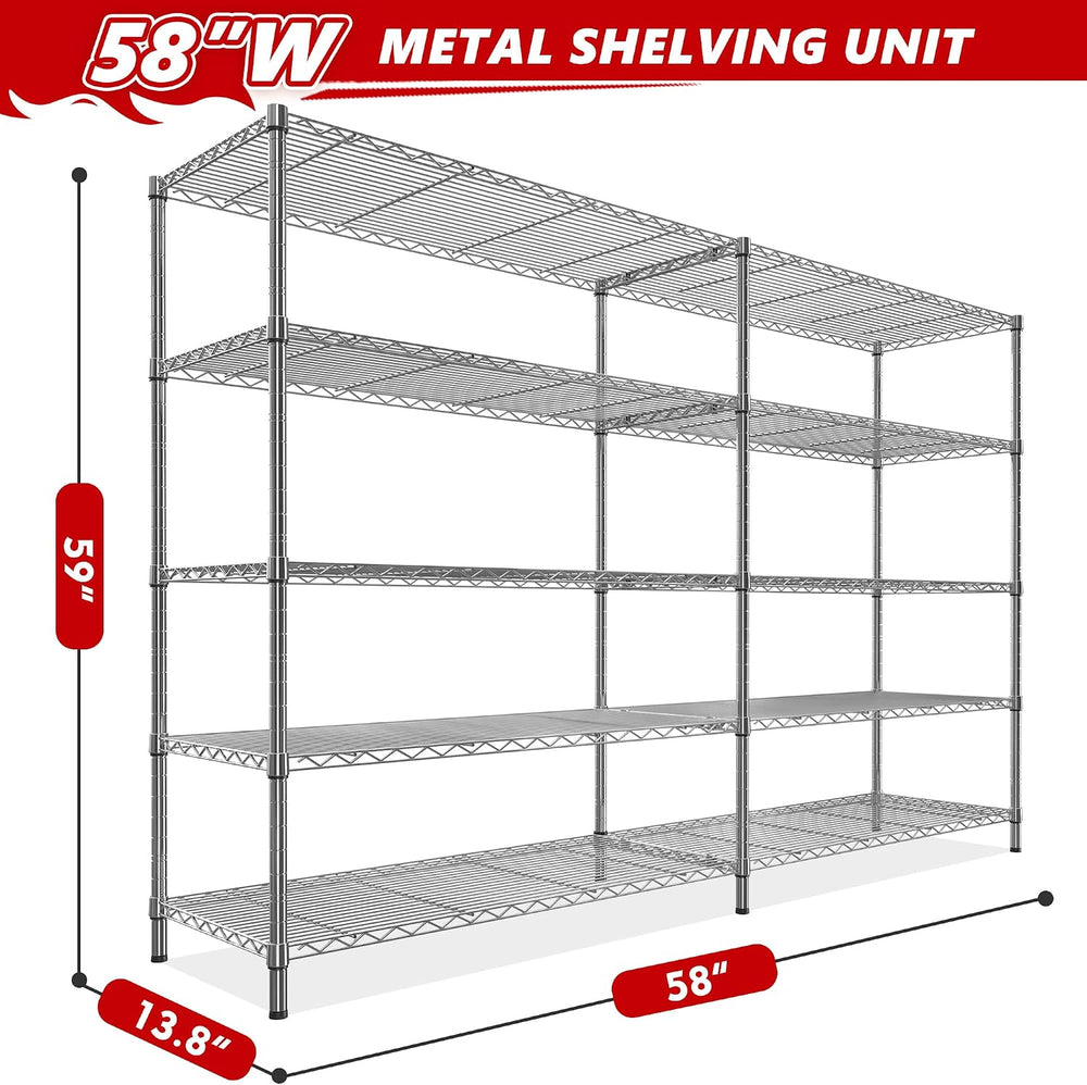 REIBII 58" W Storage Shelves Wire Shelving 1400LB Metal Shelves for 5 Ti...