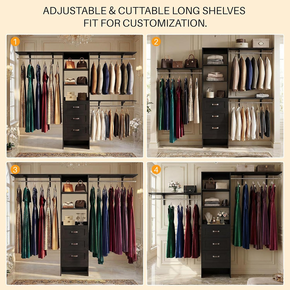 8FT Closet System with 3 Curved Drawers, 96'' Wooden Walk-in Closet O...