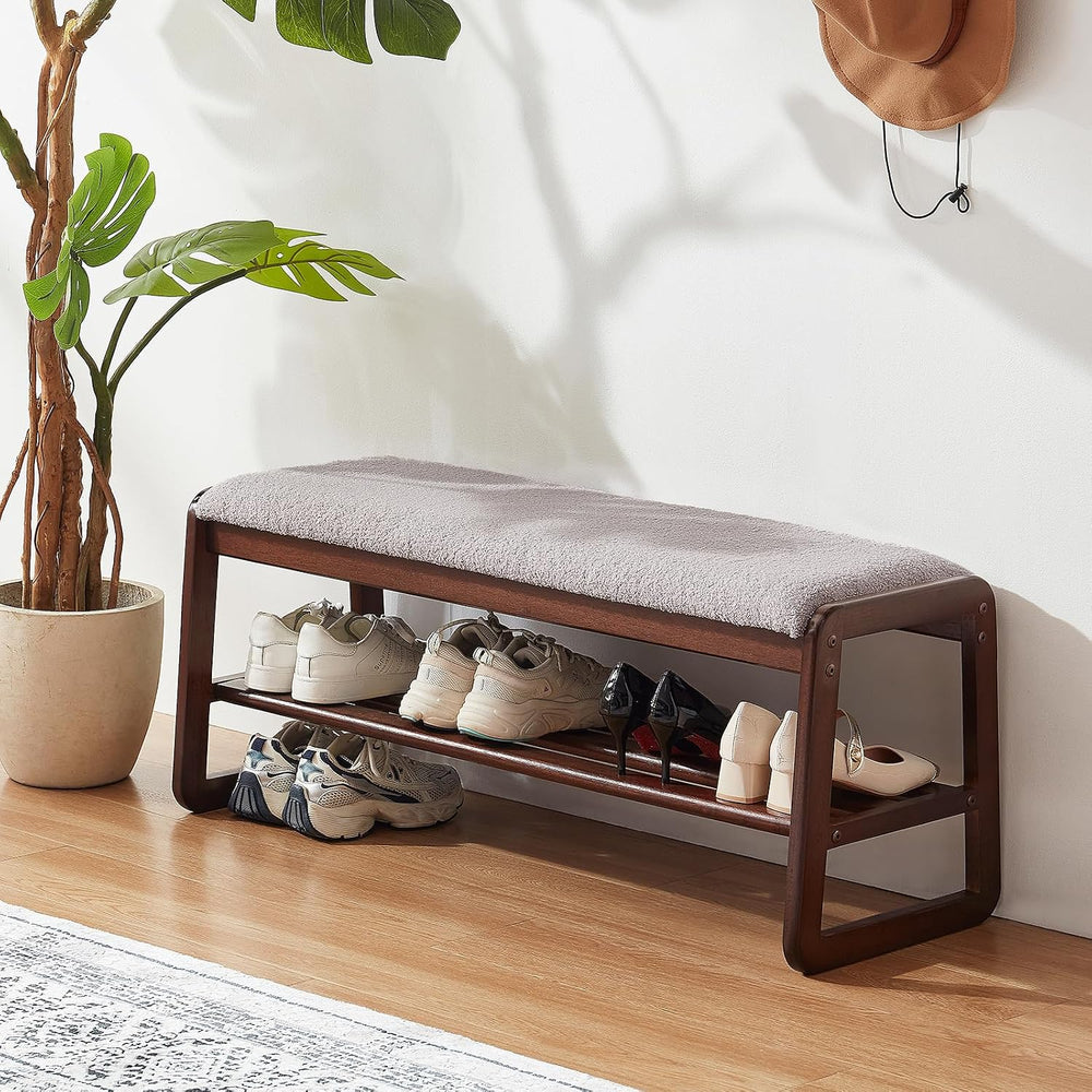 Shoe Rack Bench, 2 Tier Solid Wooden Entryway Bench(Gray Lilac, 39.4")