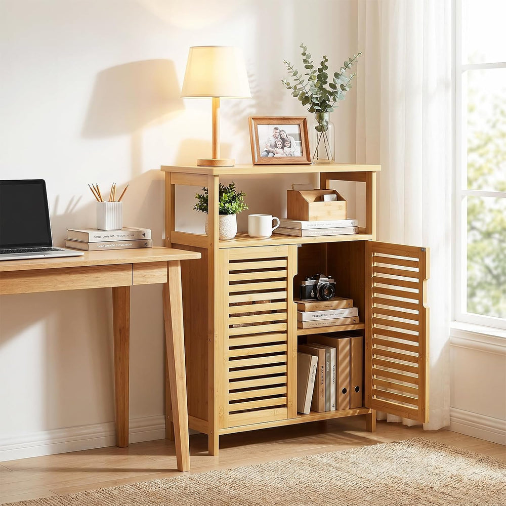 Bamboo Freestanding Bathroom Floor Storage Cabinet with Doors & Shelf