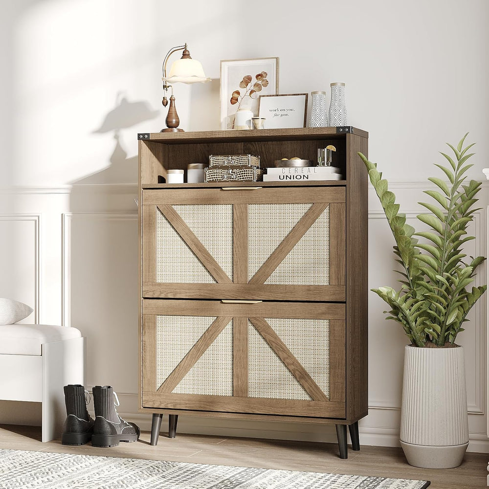 Halitaa Shoe Cabinet with 2 Flip Drawers & Open Storage,Farmhouse Shoe St...