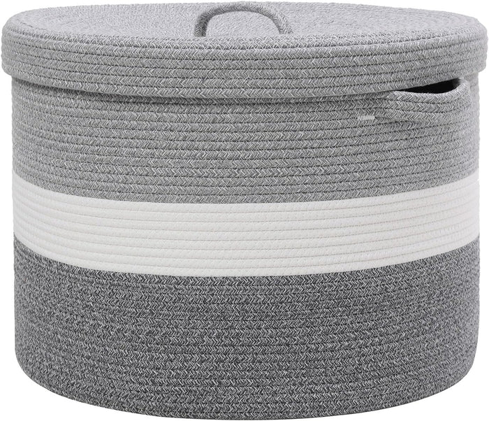 20x15 Inch Extra Large Round Cotton Rope Storage Basket with Lid, Decorative Woven Bin with Cover for Living Room Bedroom Closet, Dual Grey