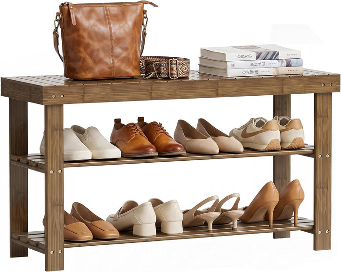 SMIBUY Bamboo Shoe Rack Bench, 3-Tier Shoe Organizer Storage Shelf for Entryway Hallway Bathroom Living Room (Walnut)