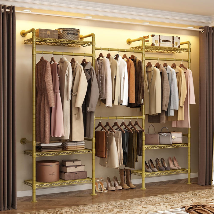 3-Bay Industrial Pipe Closet System, Wall Mounted Garment Racks, Gold