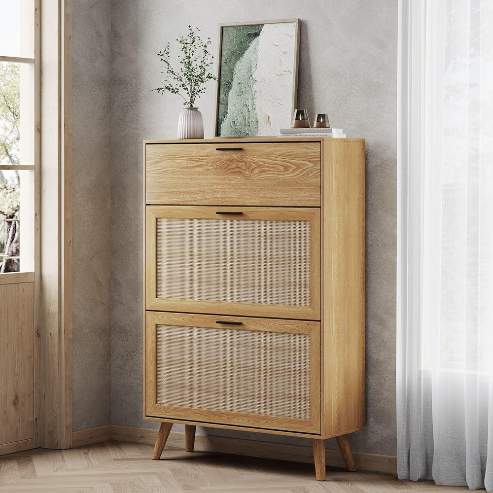 MU Natural Rattan Shoe Cabinet, Entryway Shoe Cabinet with 2 Flip Drawers and...