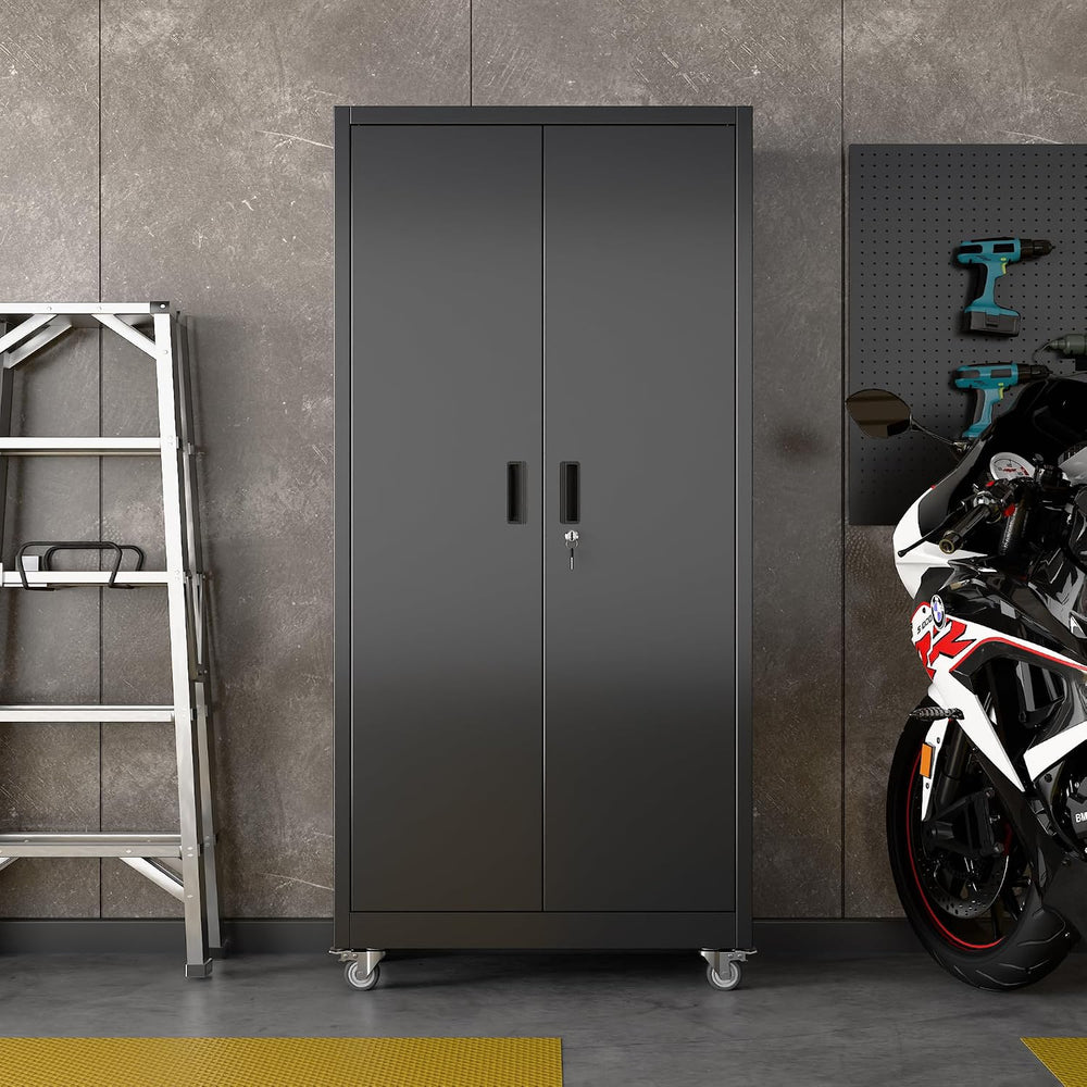 Reemoon Metal Storage Cabinet with Wheels and Pegboard, 71 in, Black