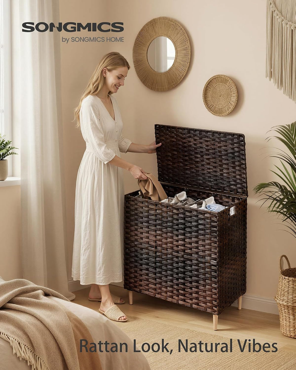 SONGMICS 3-Section Laundry Hamper with Lid, PE Rattan, 42 Gallons (160 L)