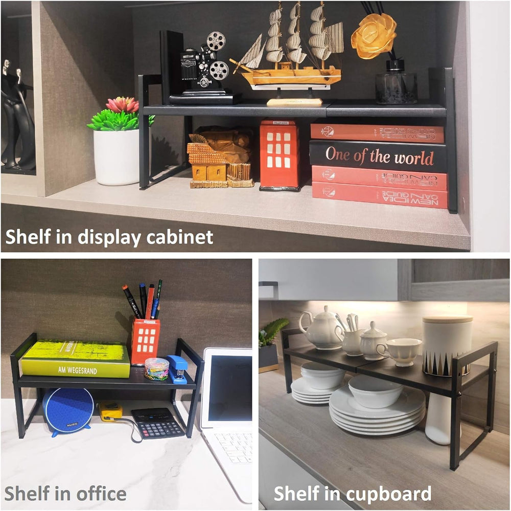 2 Pack Expandable Cabinet Shelf 7.9"D Adjustable Counter Riser Rack Black