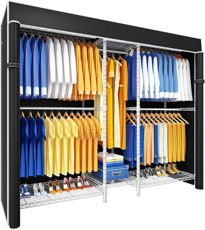 Ulif E12C Pro Heavy Duty Closet Organizer System，Freestanding Clothing Racks for Hanging Clothes，Adjustable Garment Rack 71"W x 16"D x 76.5"H Hold 960lbs，White Clothing Rack with Black Dustproof Cover