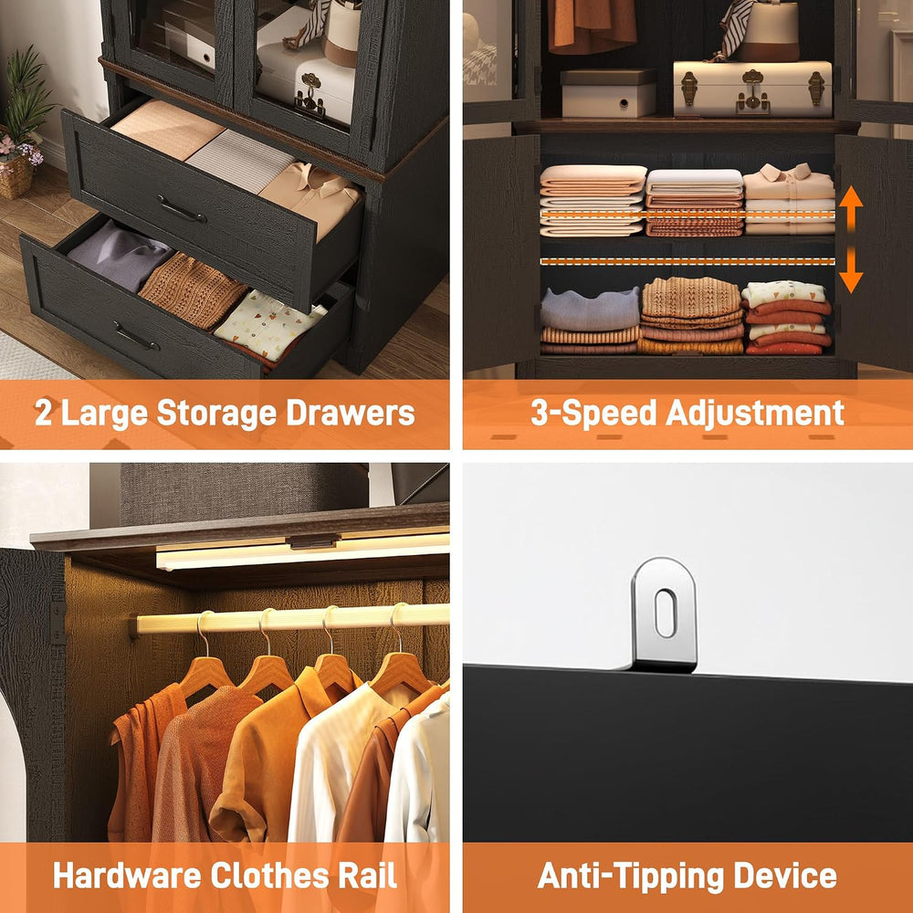 Tall Farmhouse 4 Doors Armoire Wardrobe Closet with LED ,72" Freestandin...