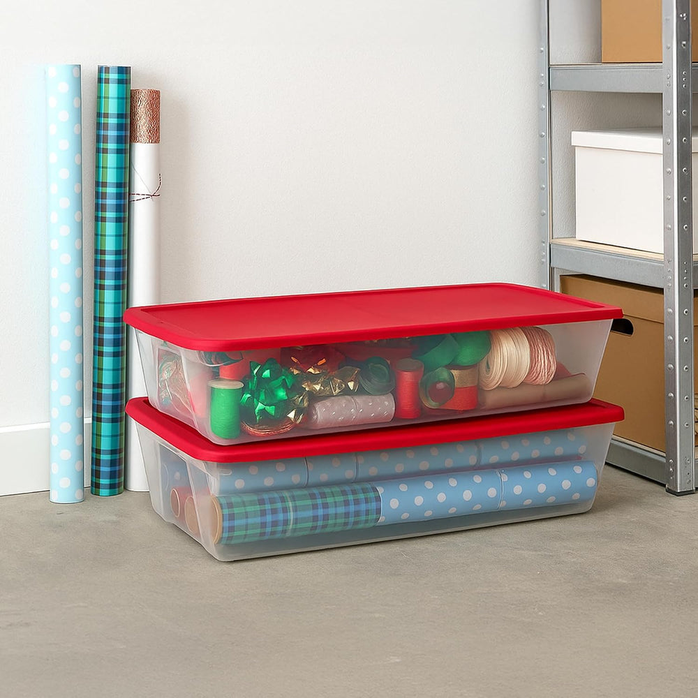 HOMZ Holiday Tote Plastic Storage Bin with Lid, 41 Qt, Clear/Red, 2 Pack