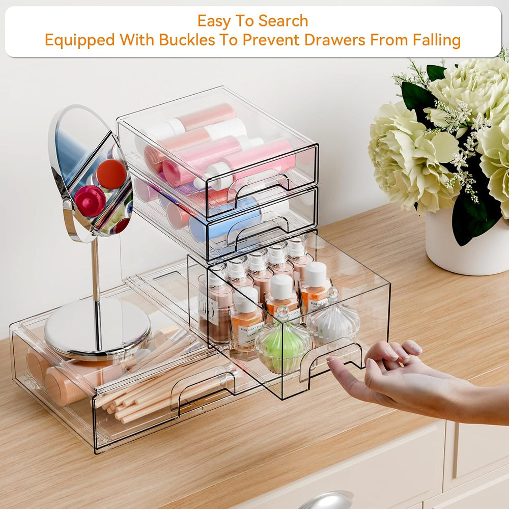 4 Pack Clear Stackable Storage Drawers,Pull-Out Medicine Cabinet Organizer an...