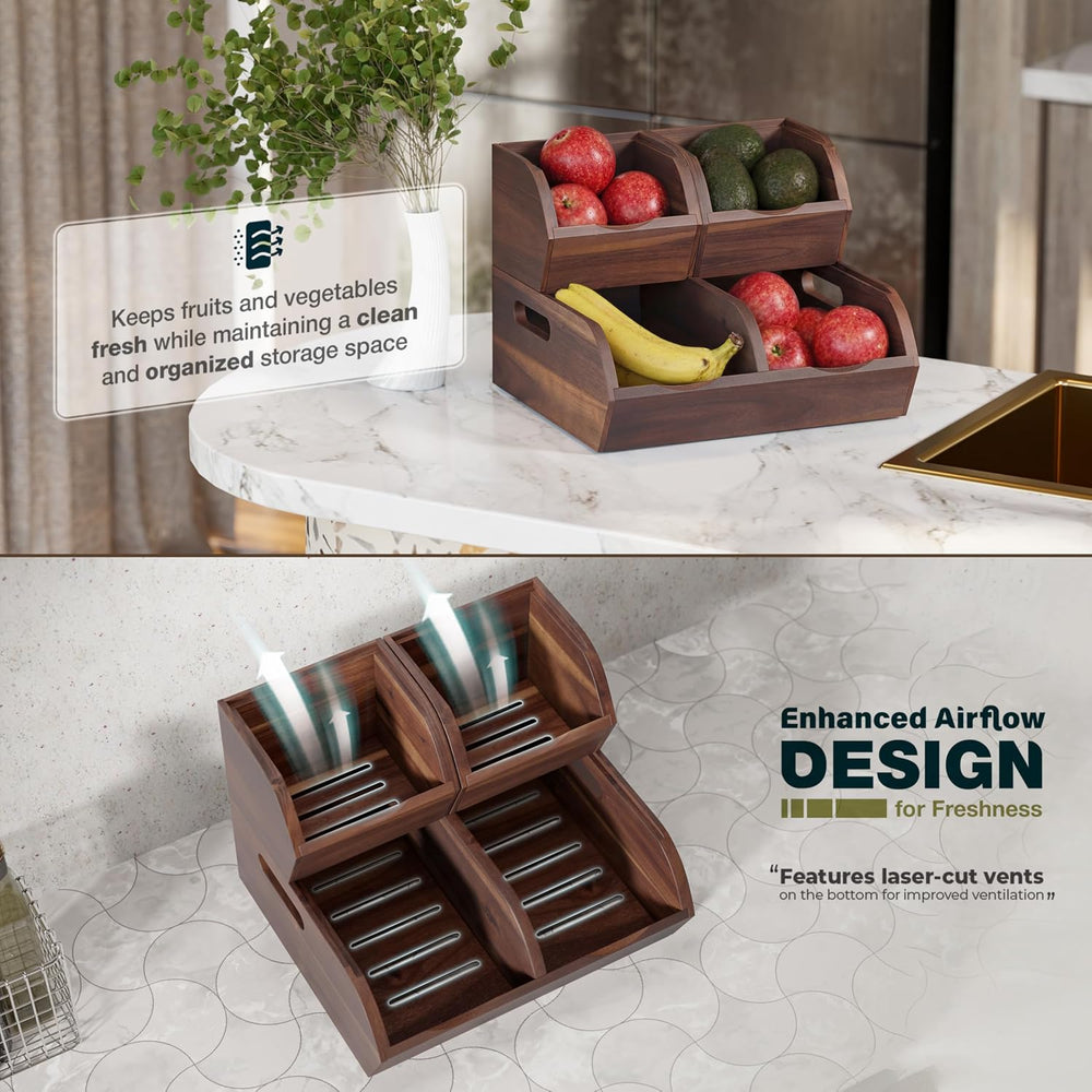 Acacia Wood Pantry Storage Bins - Stackable Open Front Kitchen Baskets