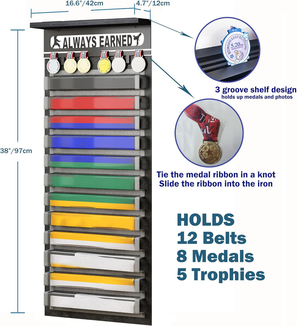3 in 1 Karate and 12 Belts Taekwondo Belt Display Rack with Medal Hanger, Tro...
